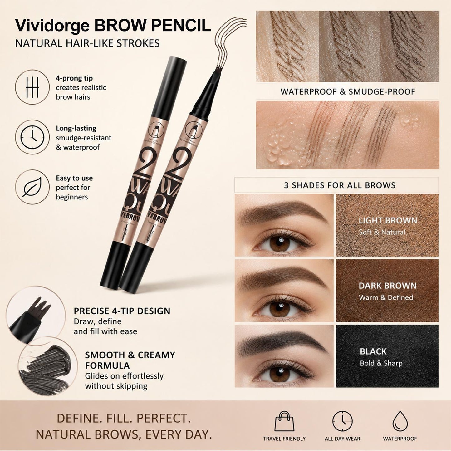 🤎Waterproof 4-prong brow pen for easy shaping and natural hair-like strokes